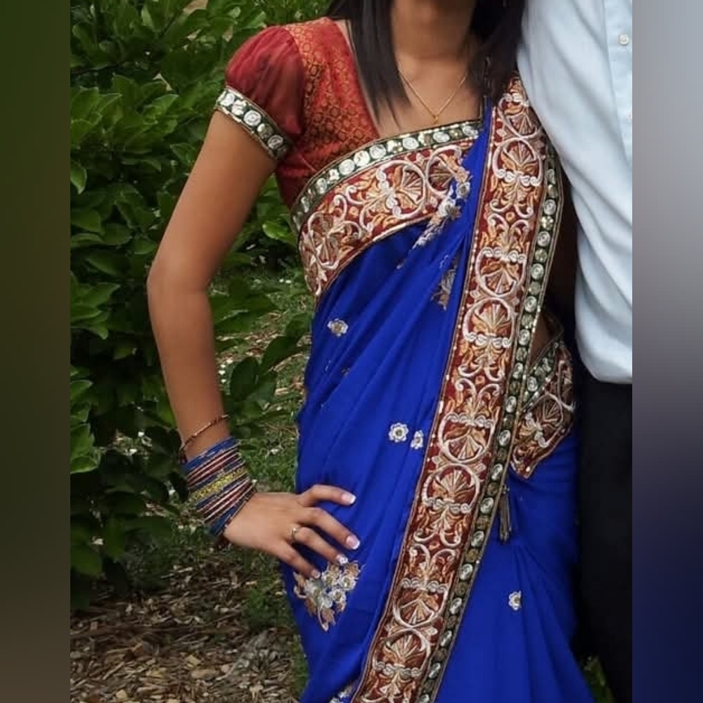 Elegant Blue and Red Embroidered Sari